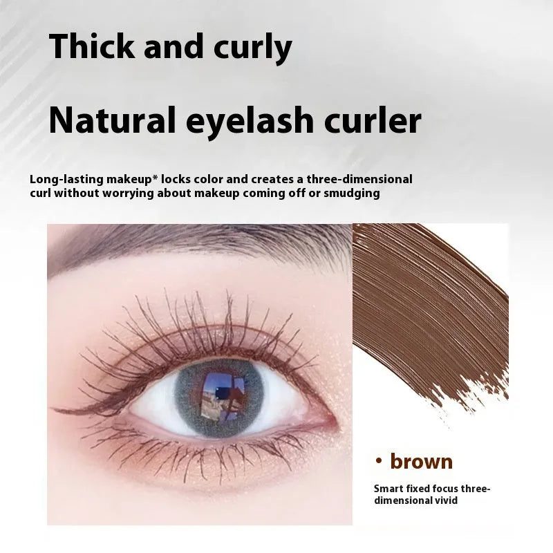 Black and brown waterproof steel tube mascara with optional eyelash curler.