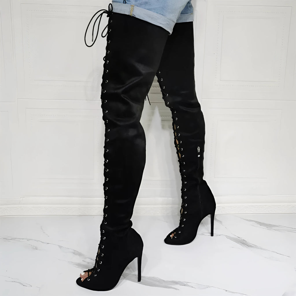 Women's black suede lace-up stiletto heel peep-toe boots with round toe and rubber sole