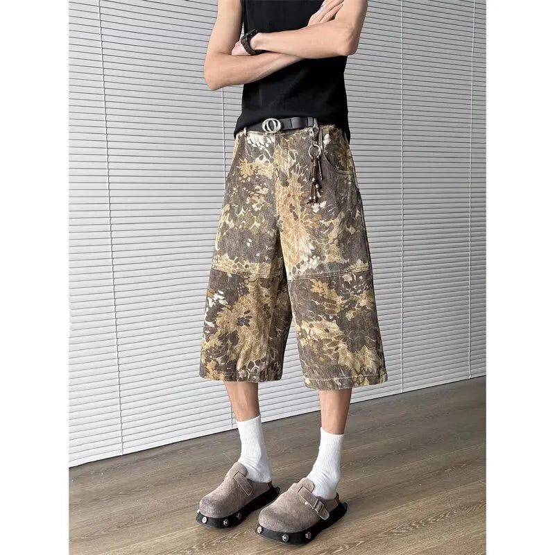 Yellow snake pattern camouflage cropped jeans on a model.