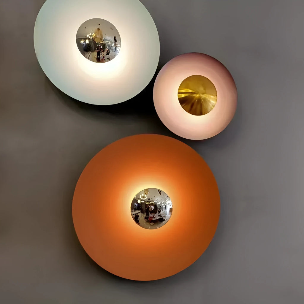 UFO wall lamp with iron shade, LED light source, 220V, available in 30cm to 60cm diameters and four colours.