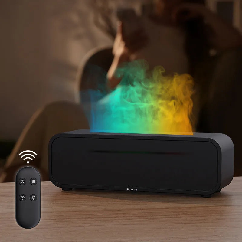 Flame Dynamic USB essential oil diffuser with remote control showing colour-changing lights