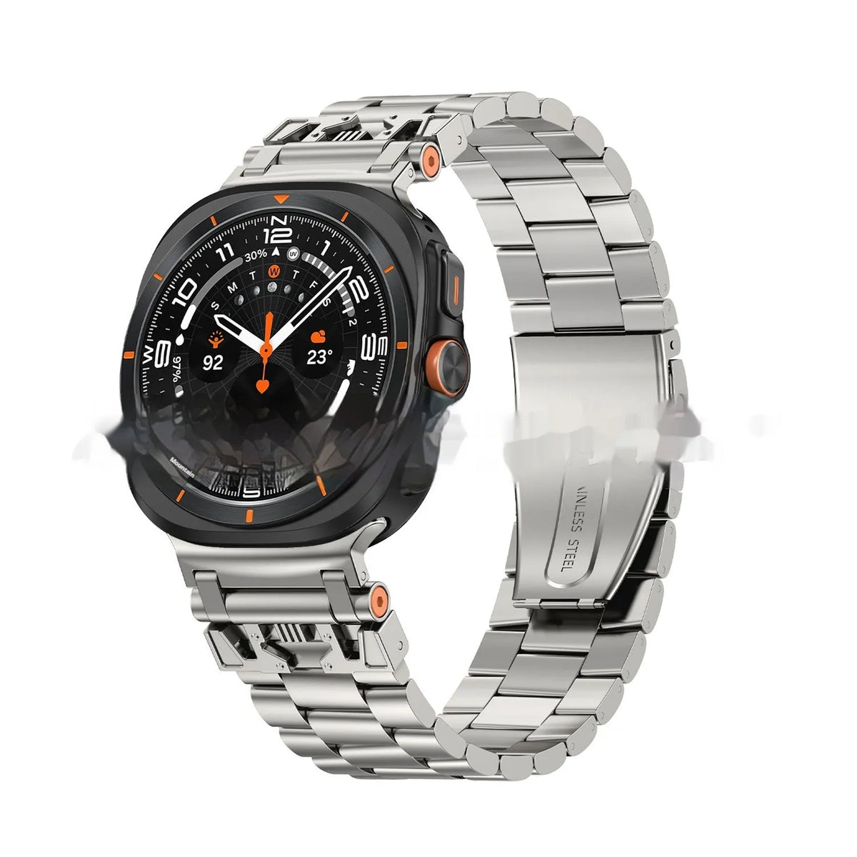 Samsung metal watch strap with three steel band armour design in Black, Starlight, or Silver
