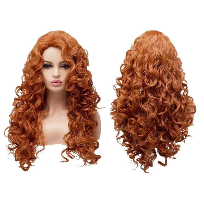 Brown long wavy curly wig made of high temperature fiber with fluffy natural body texture