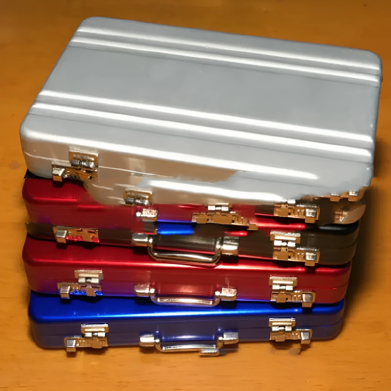 Slim aluminium alloy metal card holder in six colour options showing 100x65x16mm dimensions.
