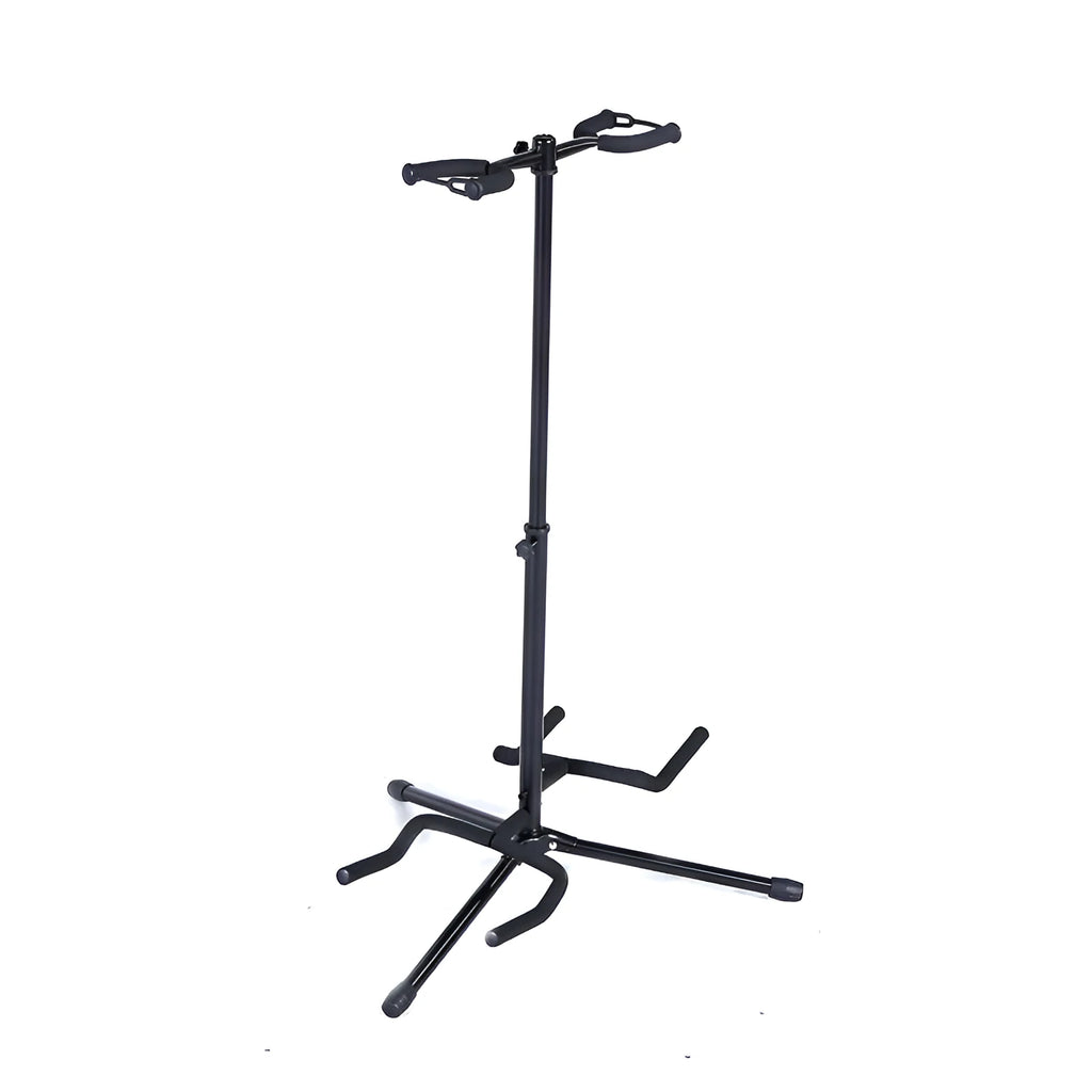 Black iron vertical double-headed folding guitar stand holding two guitars.