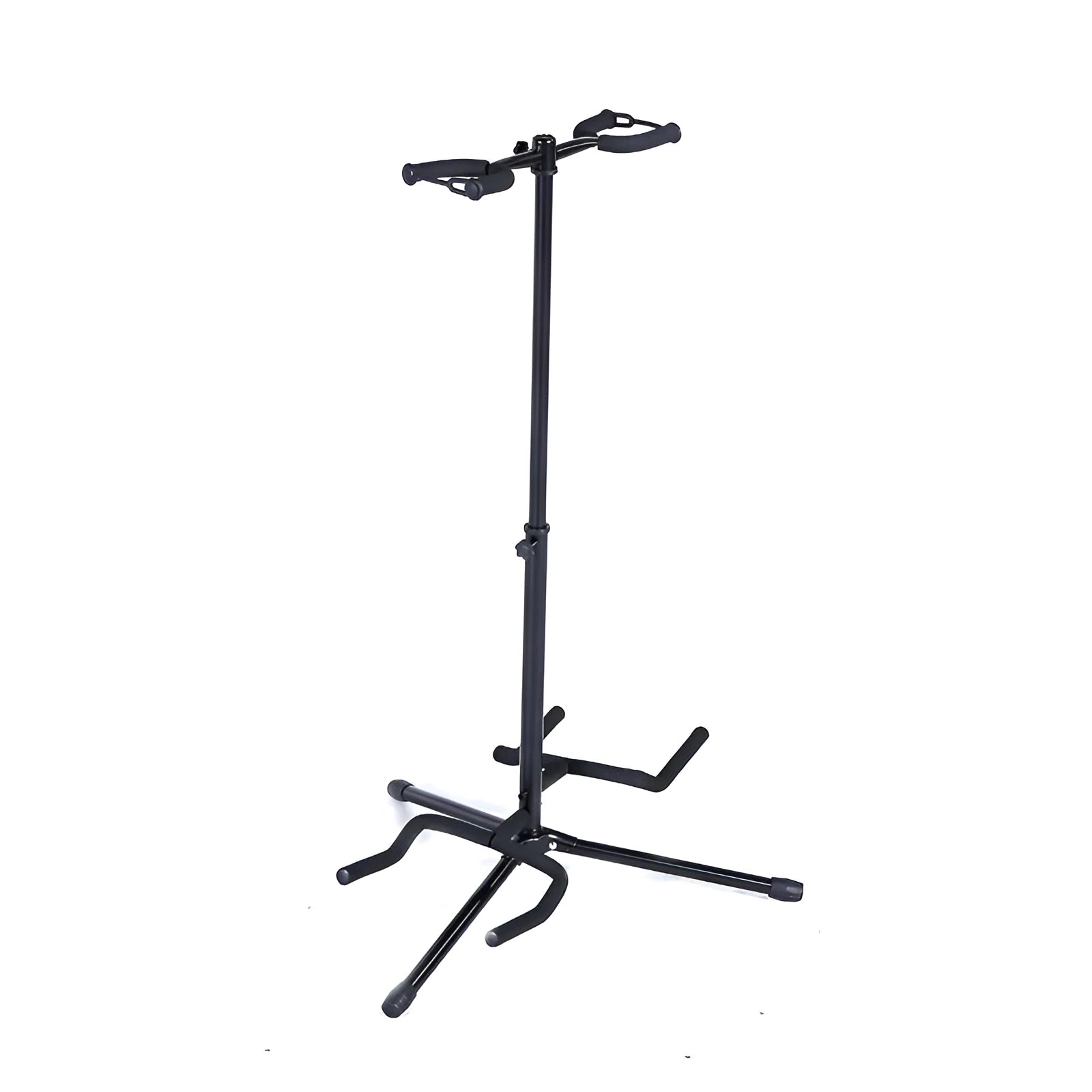 Black iron vertical double-headed folding guitar stand holding two guitars.