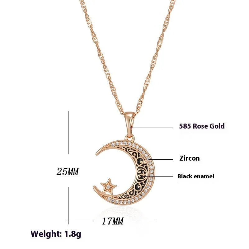 Rose gold star and moon necklace with zircon stones on adjustable water wave chain
