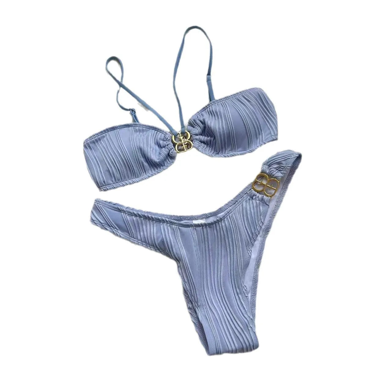 Women's solid colour hanging neck bikini set in polyester fabric for swimming sports