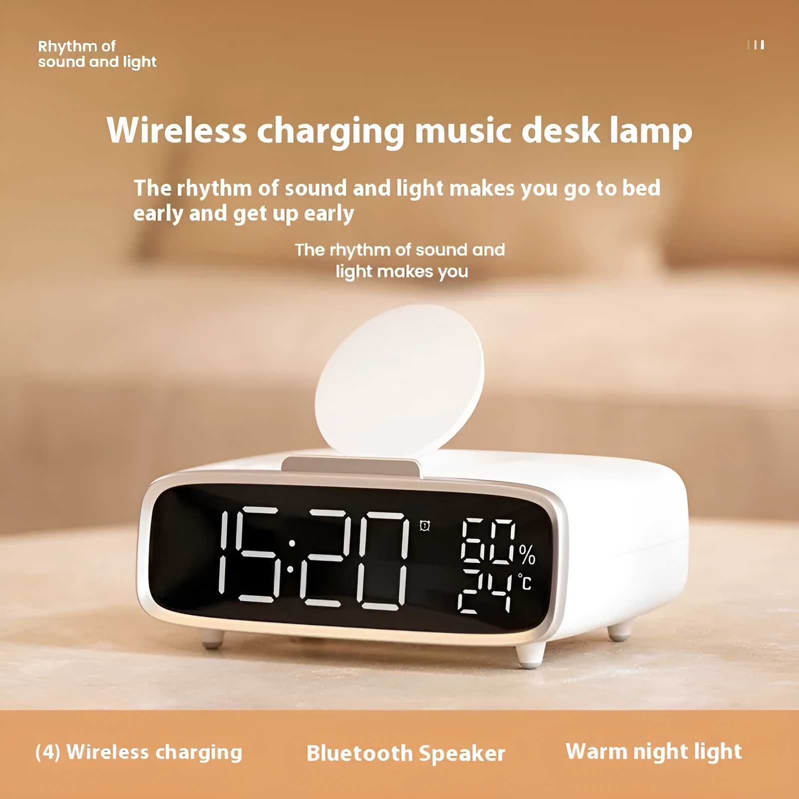 White wireless charging Bluetooth speaker with night light and alarm clock display on desk