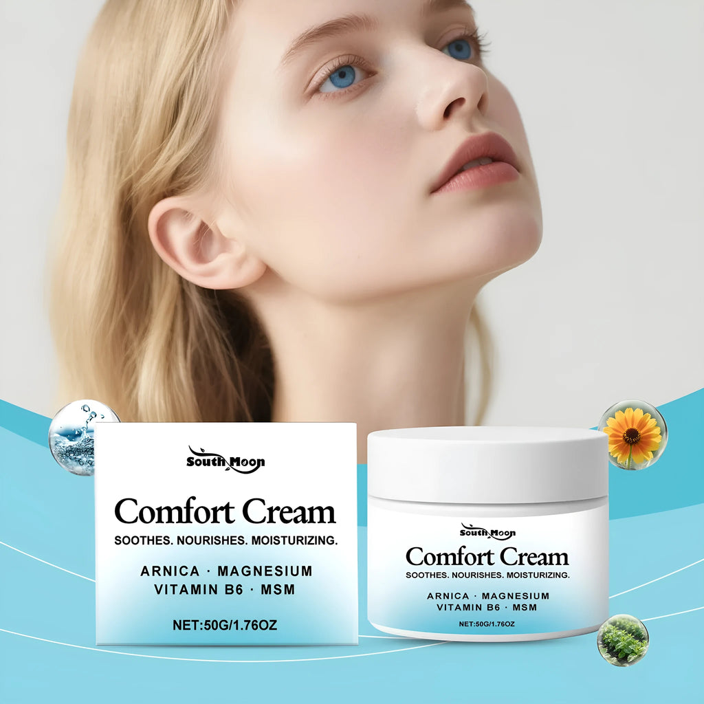 50g Comfortable Moisturising Cream jar with alum root extract and menthol, 5cm wide.