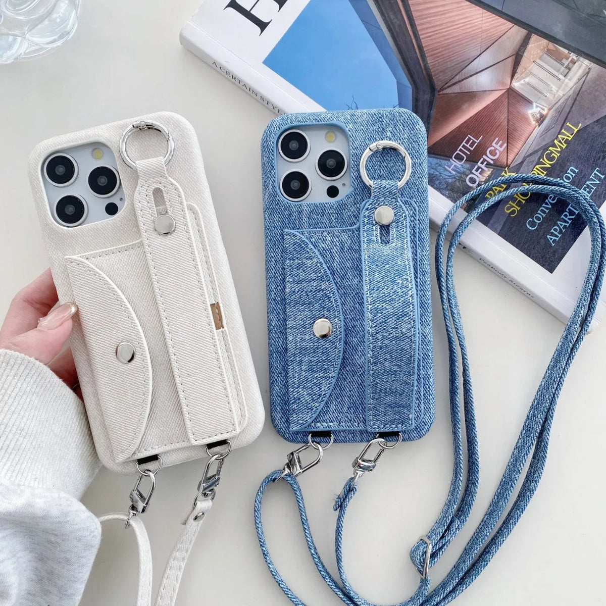 Denim pattern feilin phone case with wrist strap and crossbody bag for iPhone, in blue or white.
