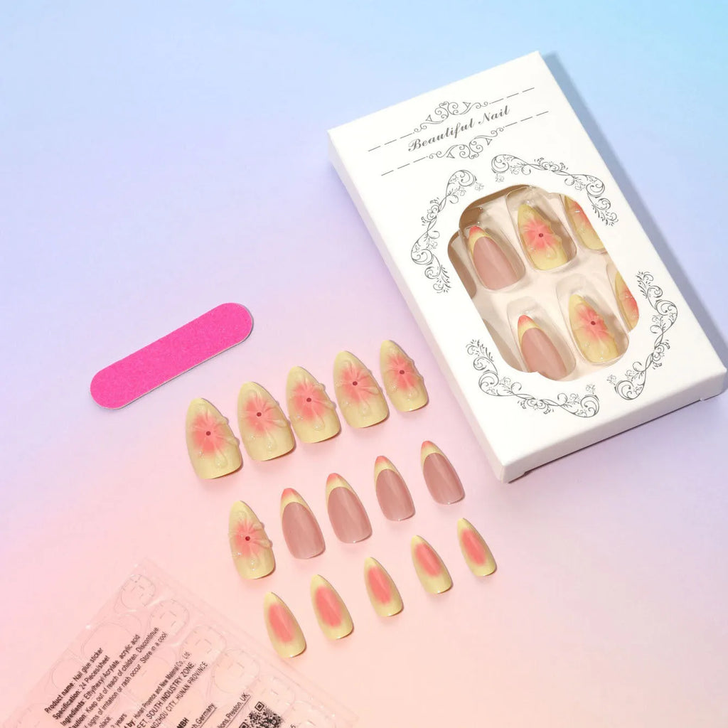 Cartoon-style 3D flower press-on fake nails set with plastic armour pieces, jelly glue, and file, colour TY-318.