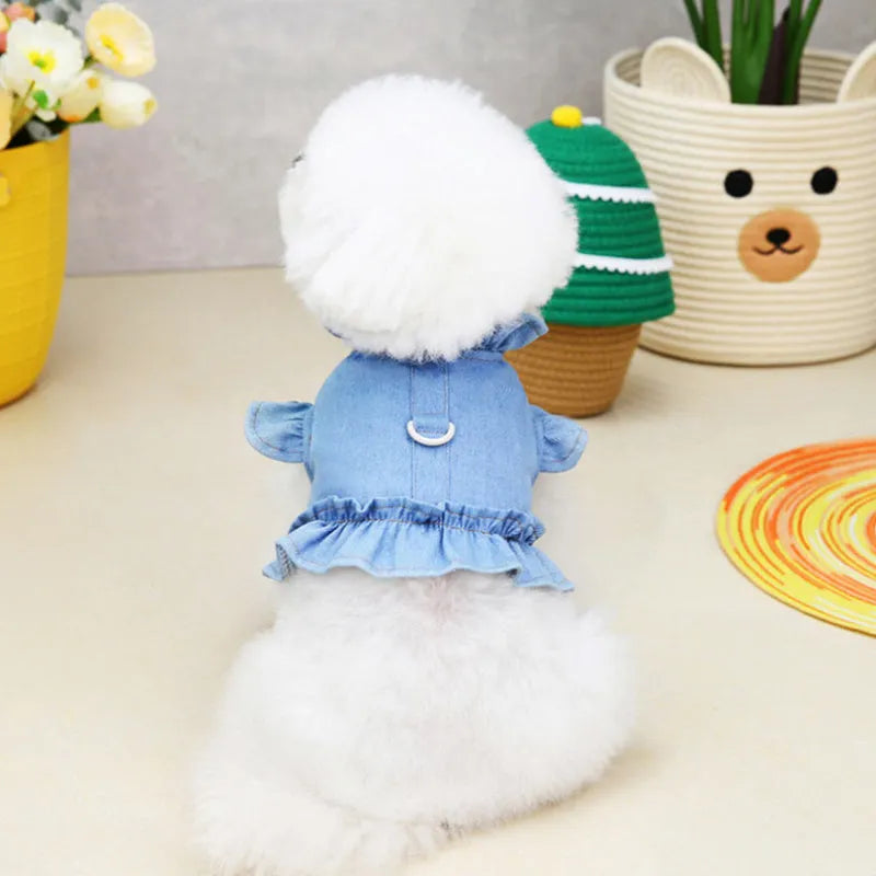 Denim dog dress with ruffle vest and leash hook points on chest and back in dark blue