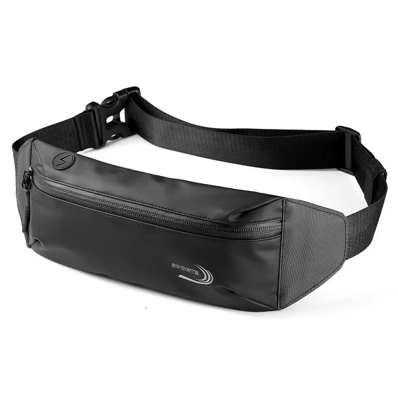 Men's waterproof Derm Oxford polyester sports waist bag in black, shown on waist during activity.