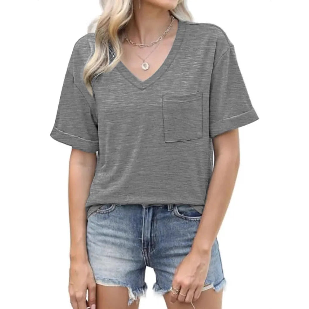 Grey loose fit V-neck T-shirt with front chest pocket, short sleeves, Japanese Korean casual style