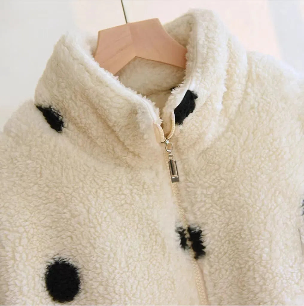 Women's fleece-lined thick casual suit in black and white, flannel two-piece set for winter and autumn