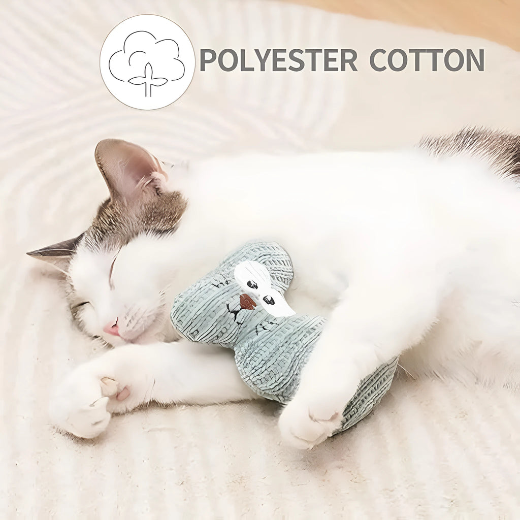 Cyan plush cat toy with a rope tail and bell, shown next to a light coffee coloured version.