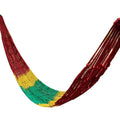 Outdoor nylon rope mesh hammock hung between two trees, showing its 1.1m width and included tying rope.