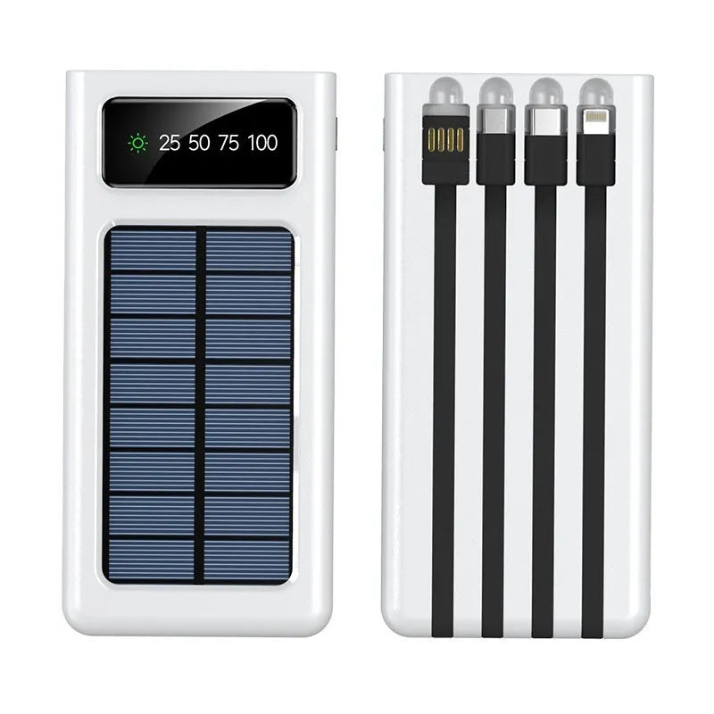Solar power bank with cable showing 20000mAh capacity and compact plastic design