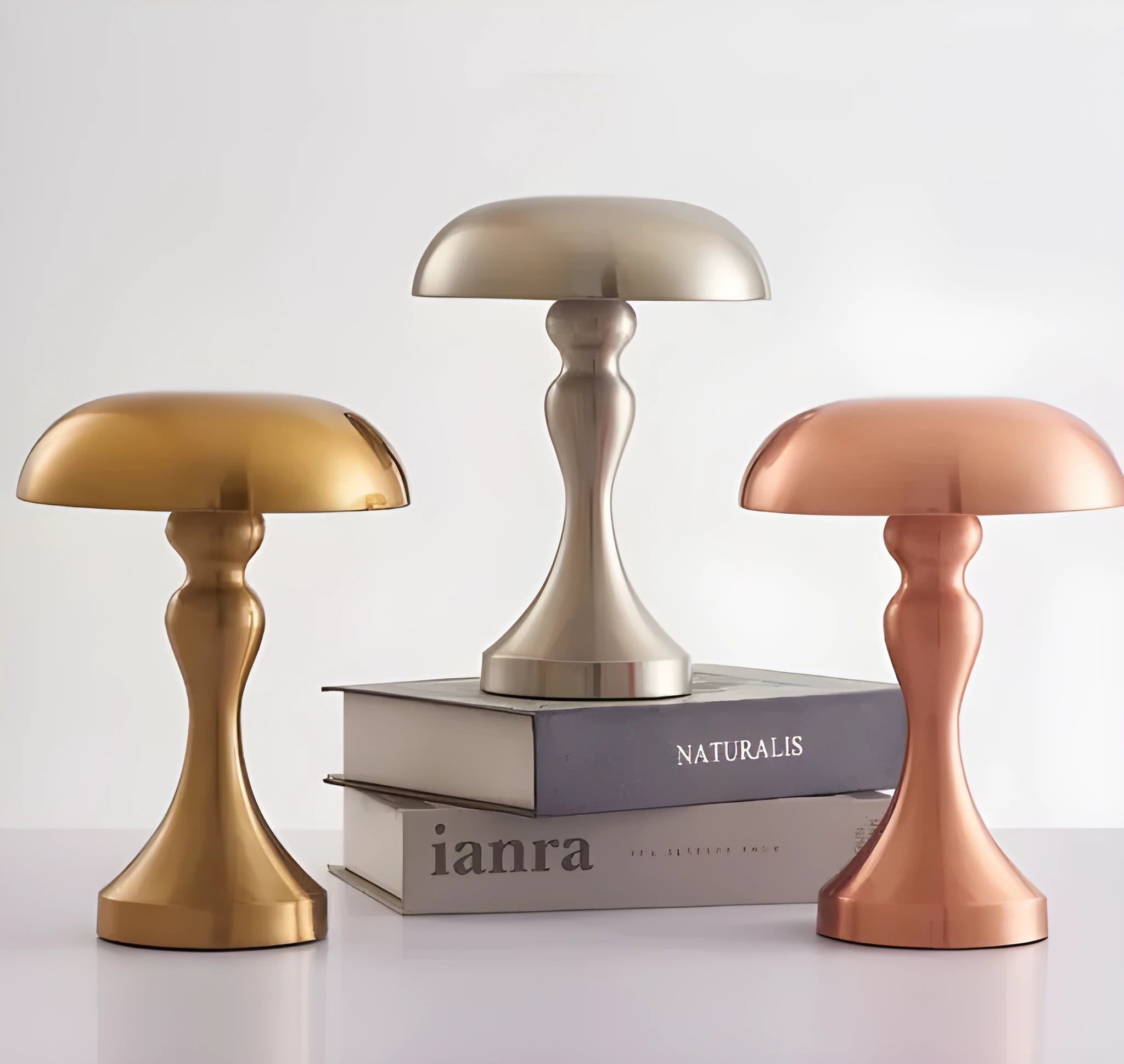 Metallic desk lamp with touch control panel showing three colour light settings.