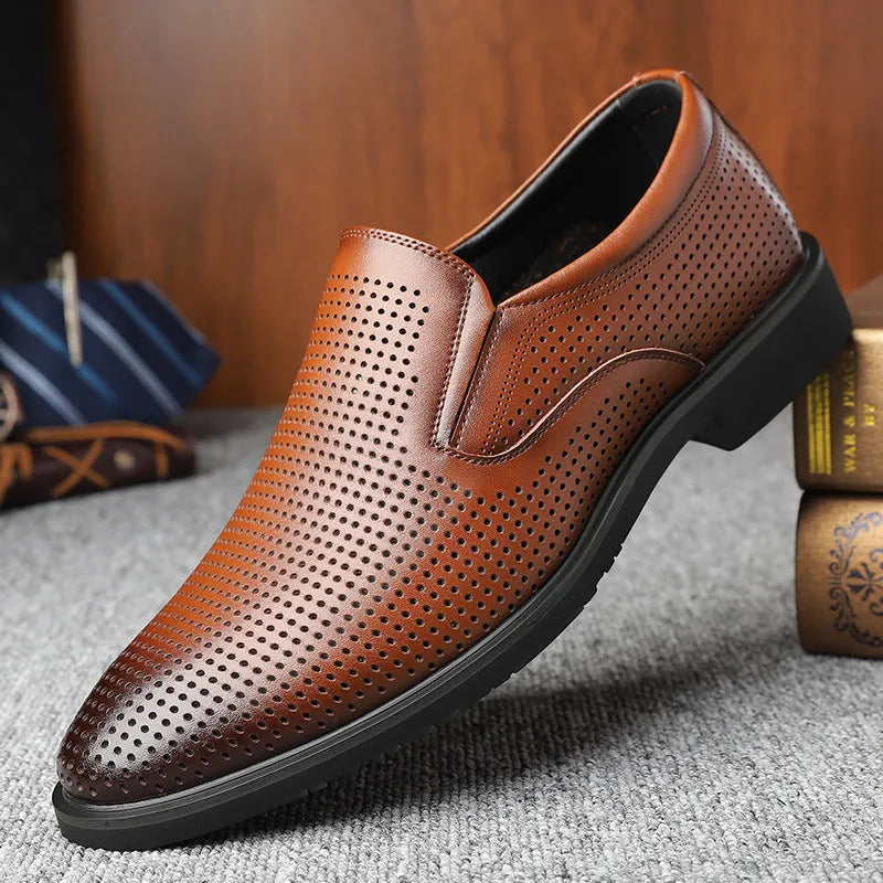 Men's black business casual slip-on shoes with leather uppers and rubber soles