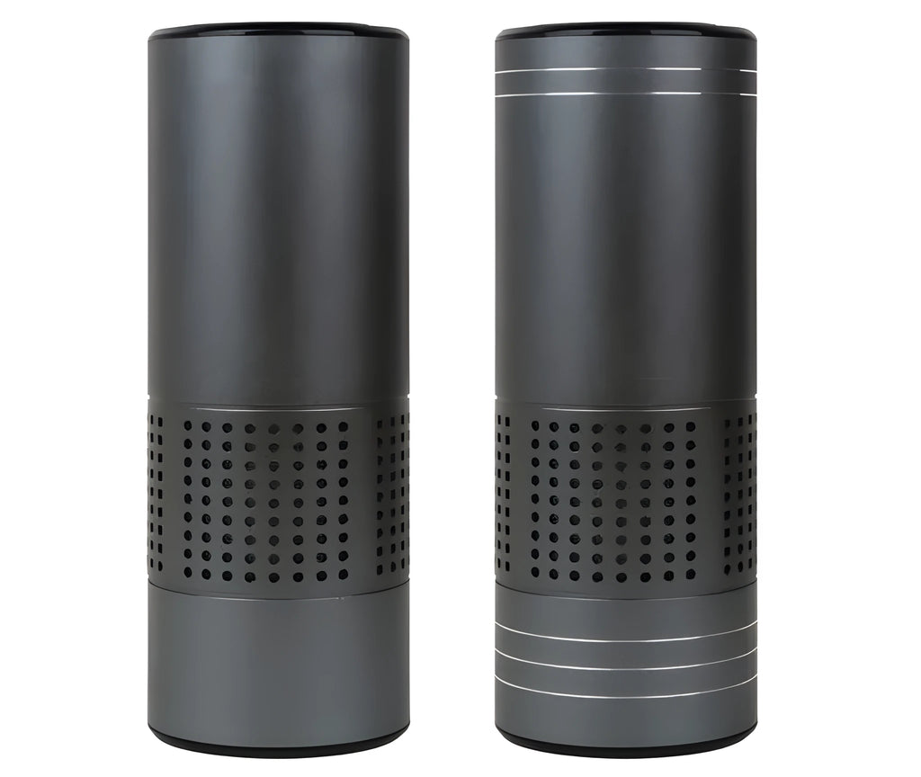 A7 aluminium alloy car air purifier with USB cable, display screen, and water cup design.