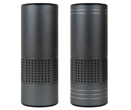 A7 aluminium alloy car air purifier with USB cable, display screen, and water cup design.