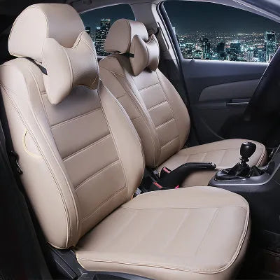 Universal car seat cover made of cow leather in black with red line binding style