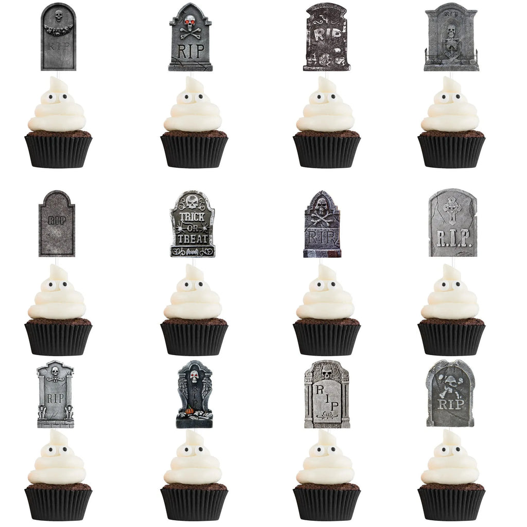 Halloween cake decoration flags, 12 paper tombstone-style small flags in horror theme, Style 1 and Style 2 options