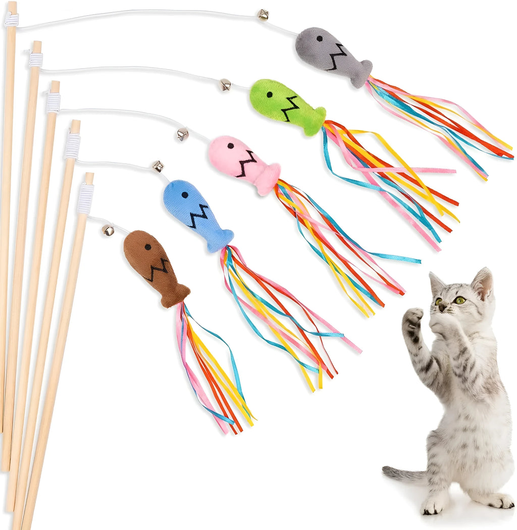 Colourful cat wand toy with ribbons, catnip fish, bell, and wooden handle.