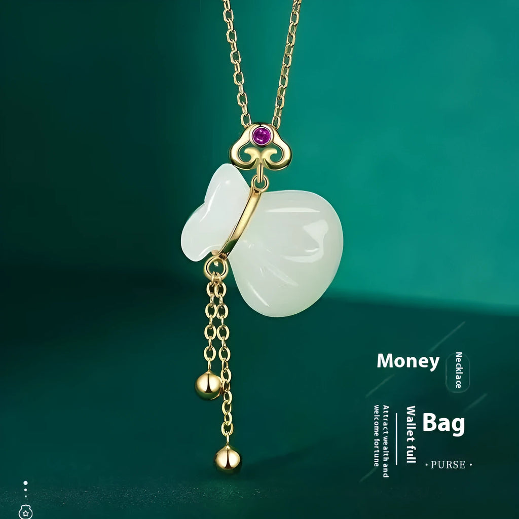 Silver plated money bag pendant with red dot tassel purse on an alloy necklace, national style lucky bag charm