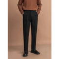 Men's straight leg polyester trousers in black, shown laid flat to display the cut and drape.