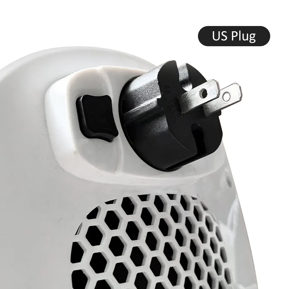 White ceramic electric heater with remote control on a table, showing air vent and control panel.