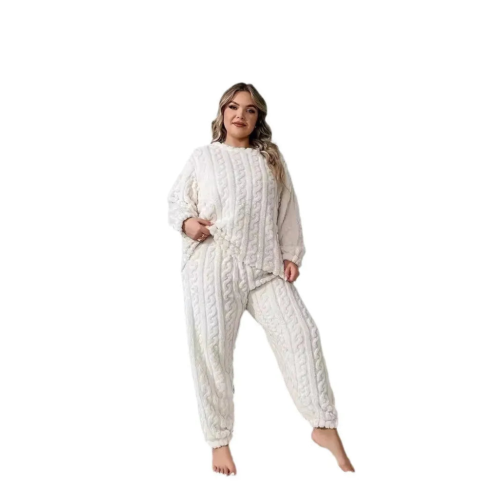 Women's creamy white polyester plush two-piece lounge suit with crewneck top and matching trousers