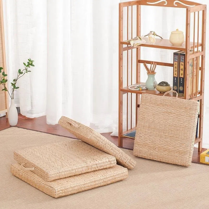 Natural rush square futon sofa cushion with hard rubber-plastic core in 40cm, 45cm or 50cm size