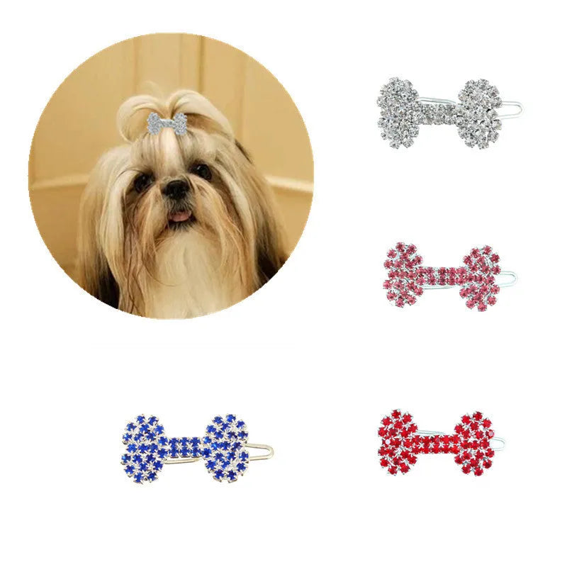 Dog bone pet barrette in size S with diamond accent, shown in white, pink, blue, and red colour options