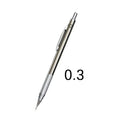 Metal automatic mechanical drafting pencil with multiple lead size options including 0.5mm and 2.0mm.