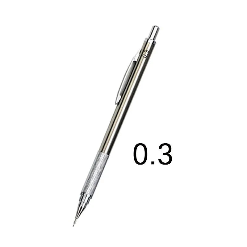 Metal automatic mechanical drafting pencil with multiple lead size options including 0.5mm and 2.0mm.