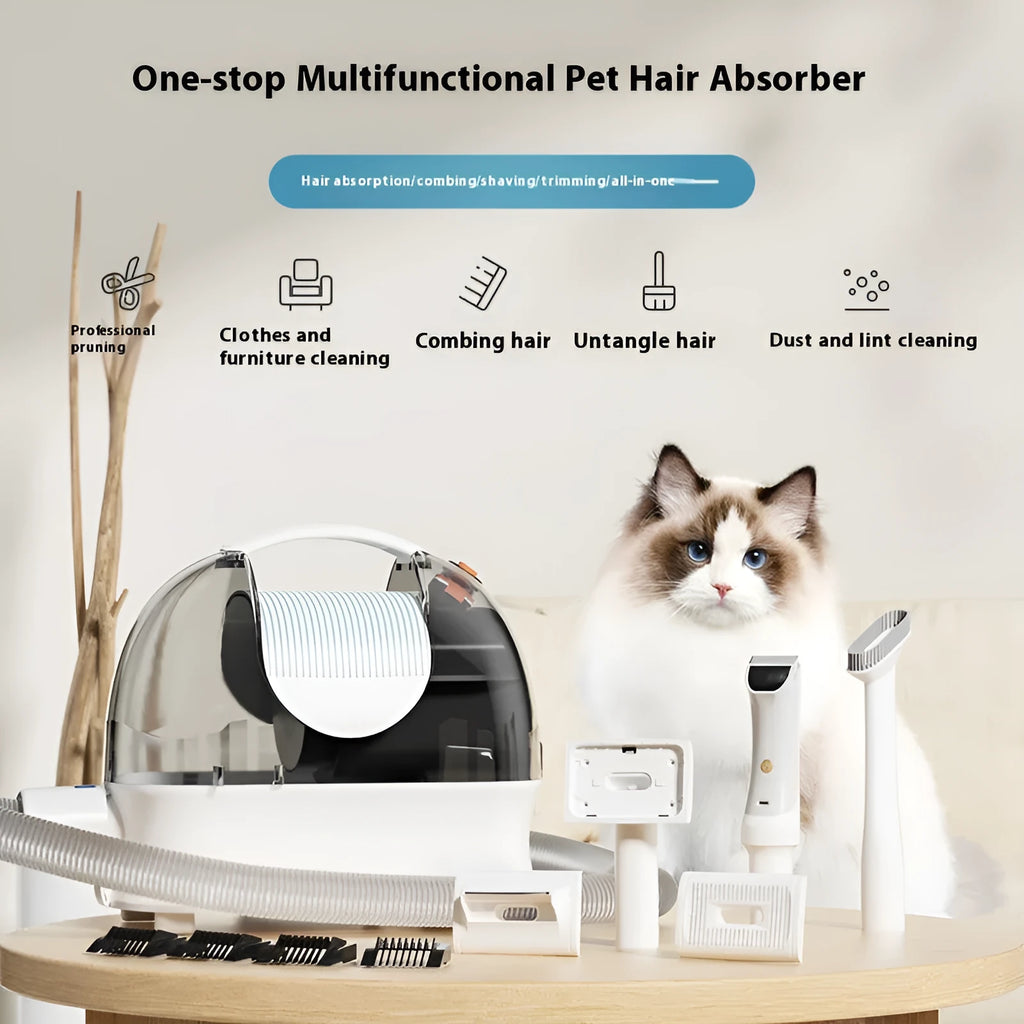 Pink and white multifunctional pet hair vacuum cleaner with electric shaver attachment and accessories.