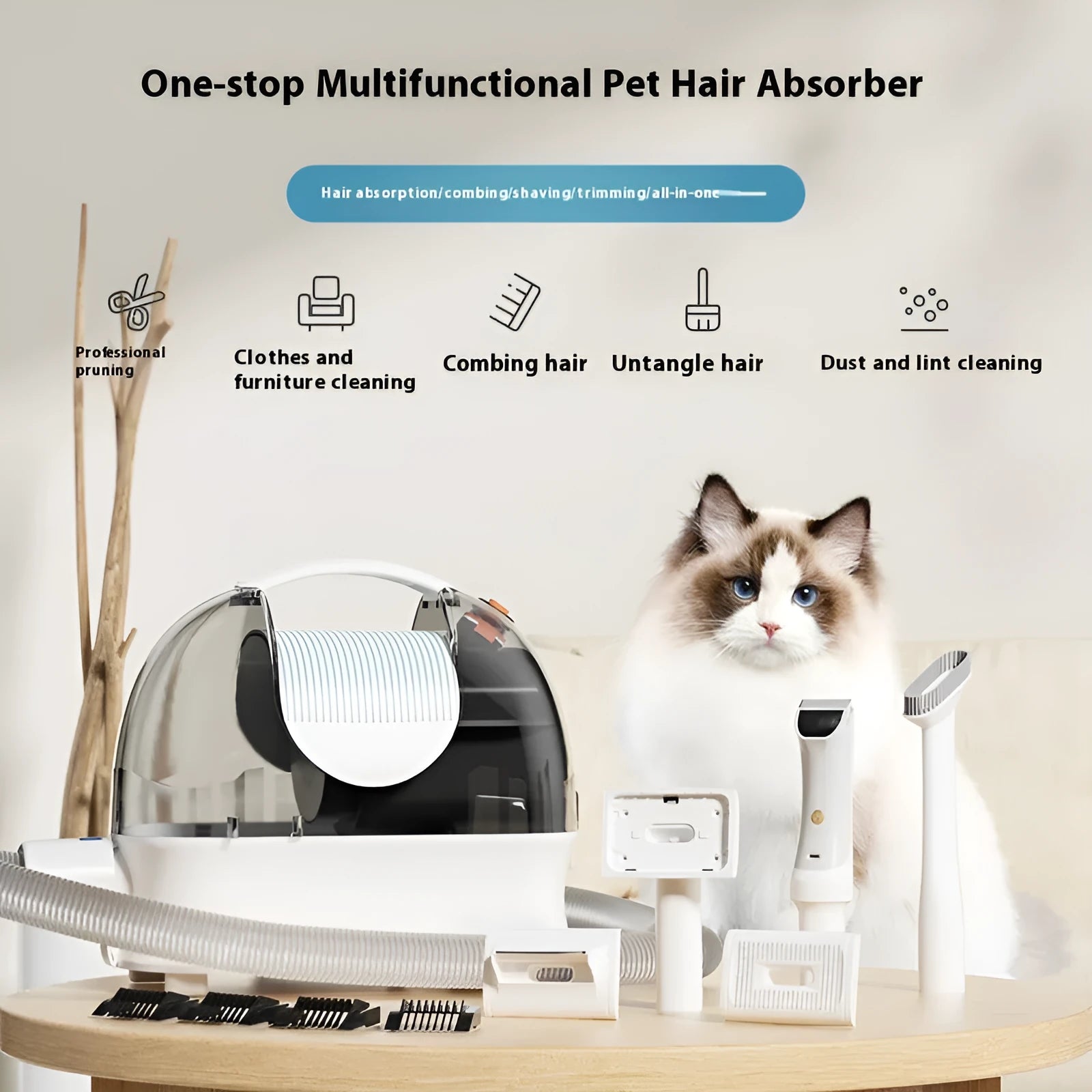 Pink and white multifunctional pet hair vacuum cleaner with electric shaver attachment and accessories.