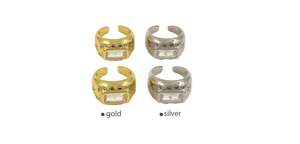 Gold and silver colour copper open ring with rectangular zircon inlay and drop-shaped double ring design