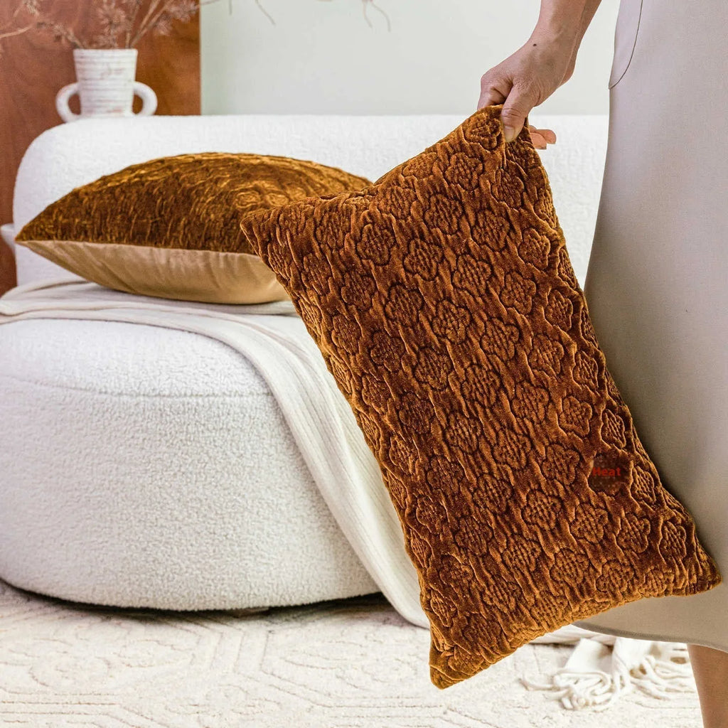 Brown gold antique Chinese style quilted cotton cushion pillow showing three-dimensional pattern