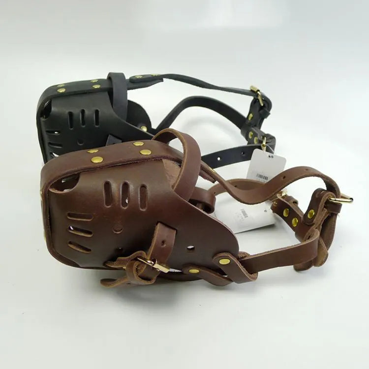Black cowhide basket dog muzzle for medium and large dogs, sizes L and M, soft leather mouth cover.