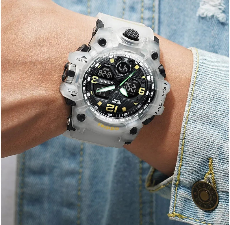 Men's black electronic sports watch showing analogue hands and a digital display on a plastic strap
