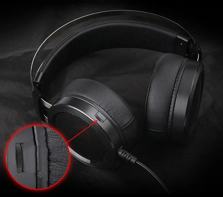 Black wired computer gaming headset with a long cable and a 3.5mm audio jack plug
