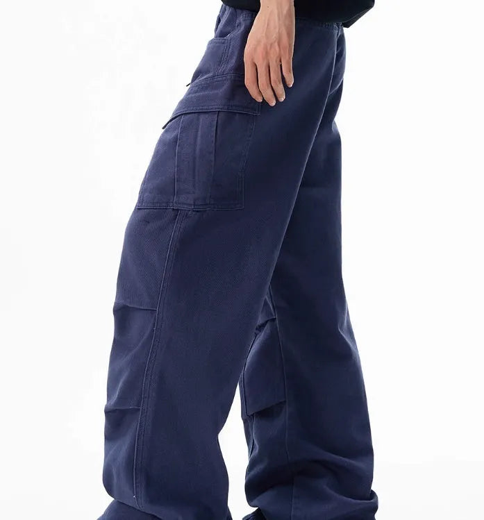 Men's wide-leg overalls in 100% cotton, loose straight mid waist multi-pocket design with zip fly, Black Blue Khaki
