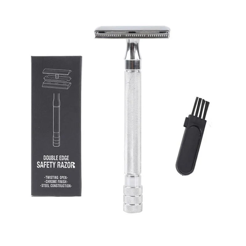 Traditional manual shaving metal scraper and brush set in black or silver for wet shaving