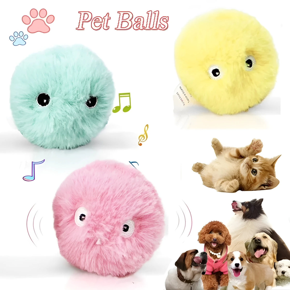 Colourful interactive cat toy ball with motion sensor and animal sounds, 55mm diameter
