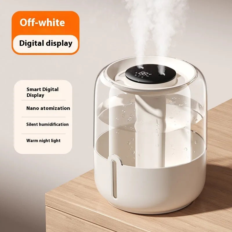 Beige round USB humidifier with dual spray nozzles and humidity display