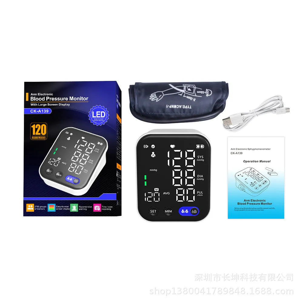 White electronic blood pressure monitor with ultra clear large screen and pulse sphygmomanometer for real-time measurement